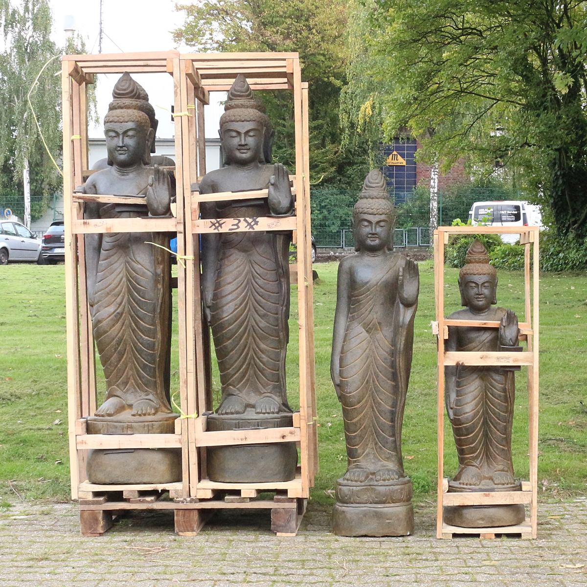 Buddha Stein Figur Statue Gartenfigur Steinfigur Dekofigur Gartendeko stehend Greenstone Antik Hand up 118 cm