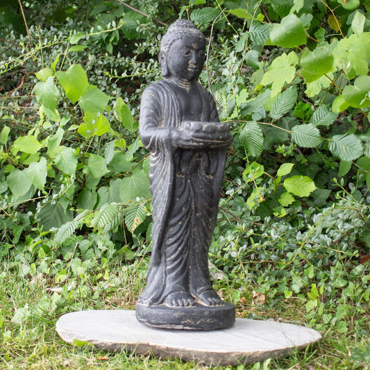 Buddha Figur stehend Kerzen Skulptur Stein Lavasand Bali Buddha Gott Garten Deko Teelichthalter 50 cm