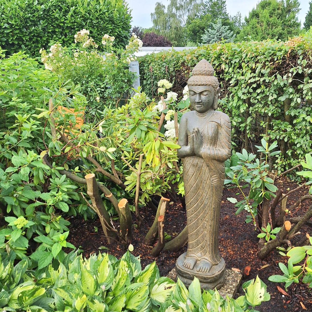 Buddha Stein Figur Statue Gartenfigur Steinfigur Dekofigur Gartendeko stehend Greenstone Antik Greetings 175 cm