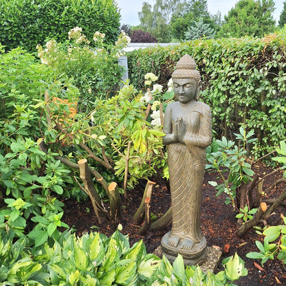 Buddha Stein Figur Statue Gartenfigur Steinfigur Dekofigur Gartendeko stehend Greenstone Antik Greetings 175 cm