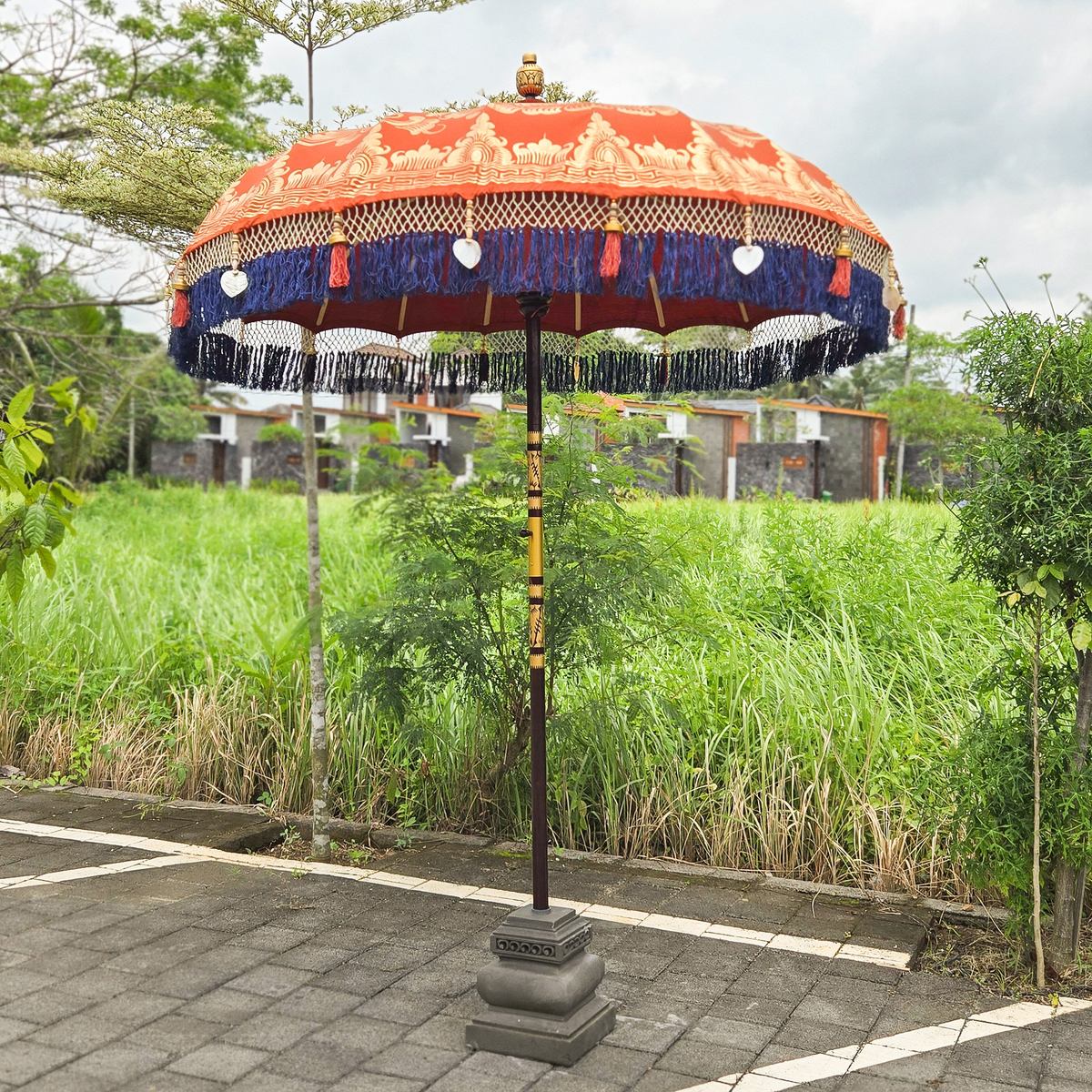 Original Balinesischer Sonnenschirm Bali Schirm Orange Blau Gold 185 cm Model Amelie