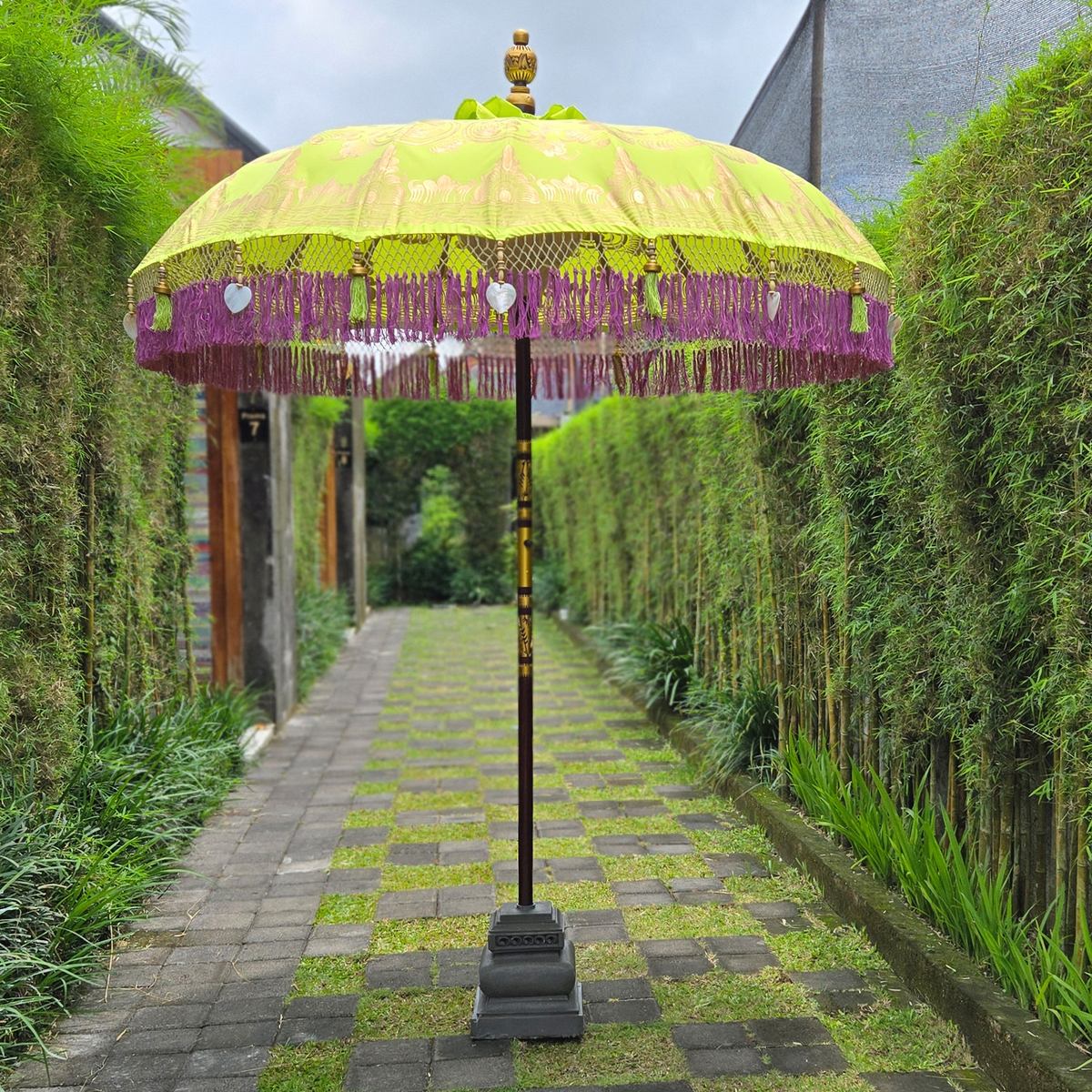 Original Balinesischer Sonnenschirm Bali Schirm Grün Lila Gold 185 cm Model Florentina