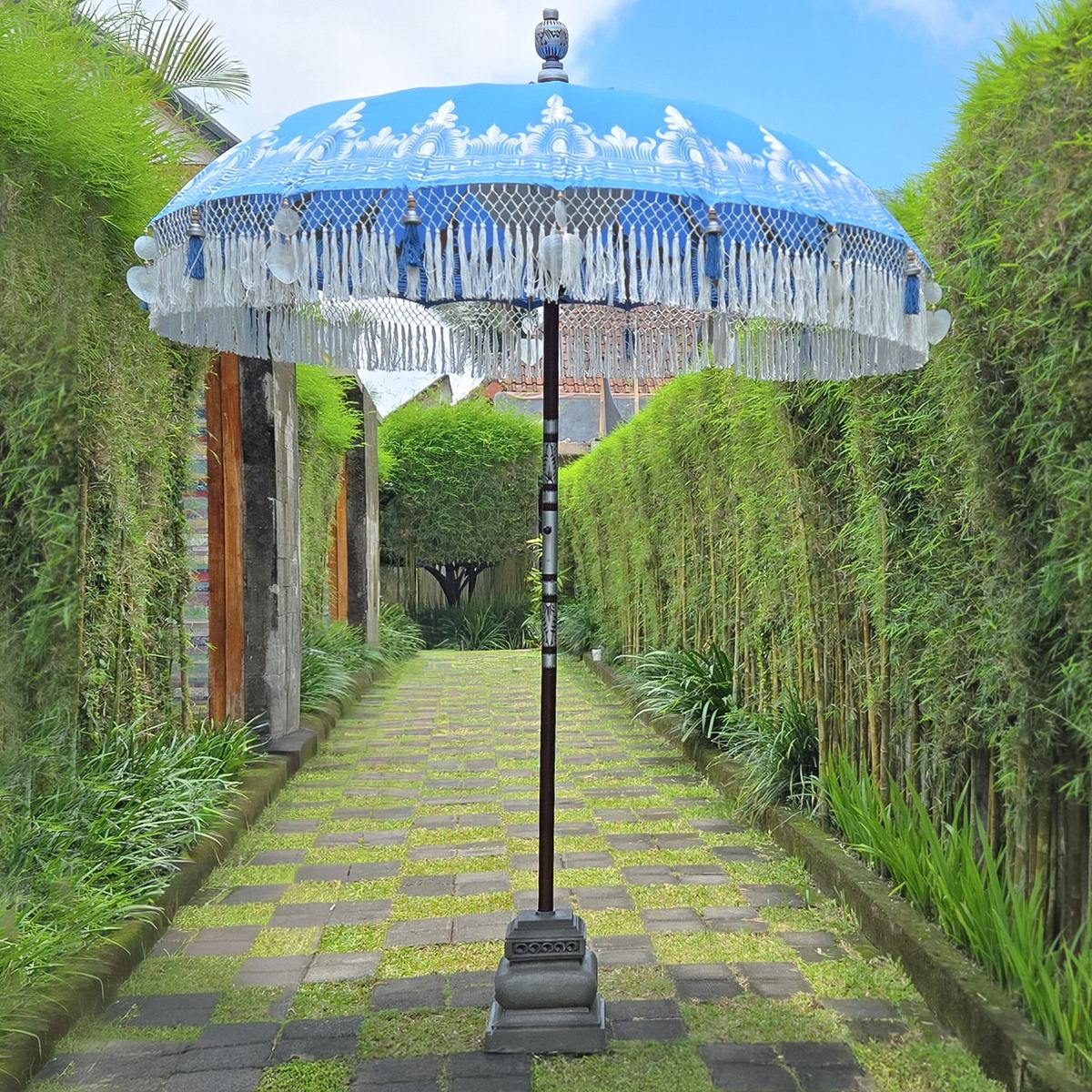 Original Balinesischer Sonnenschirm Bali Schirm Blau Silber 185 cm Model Helena