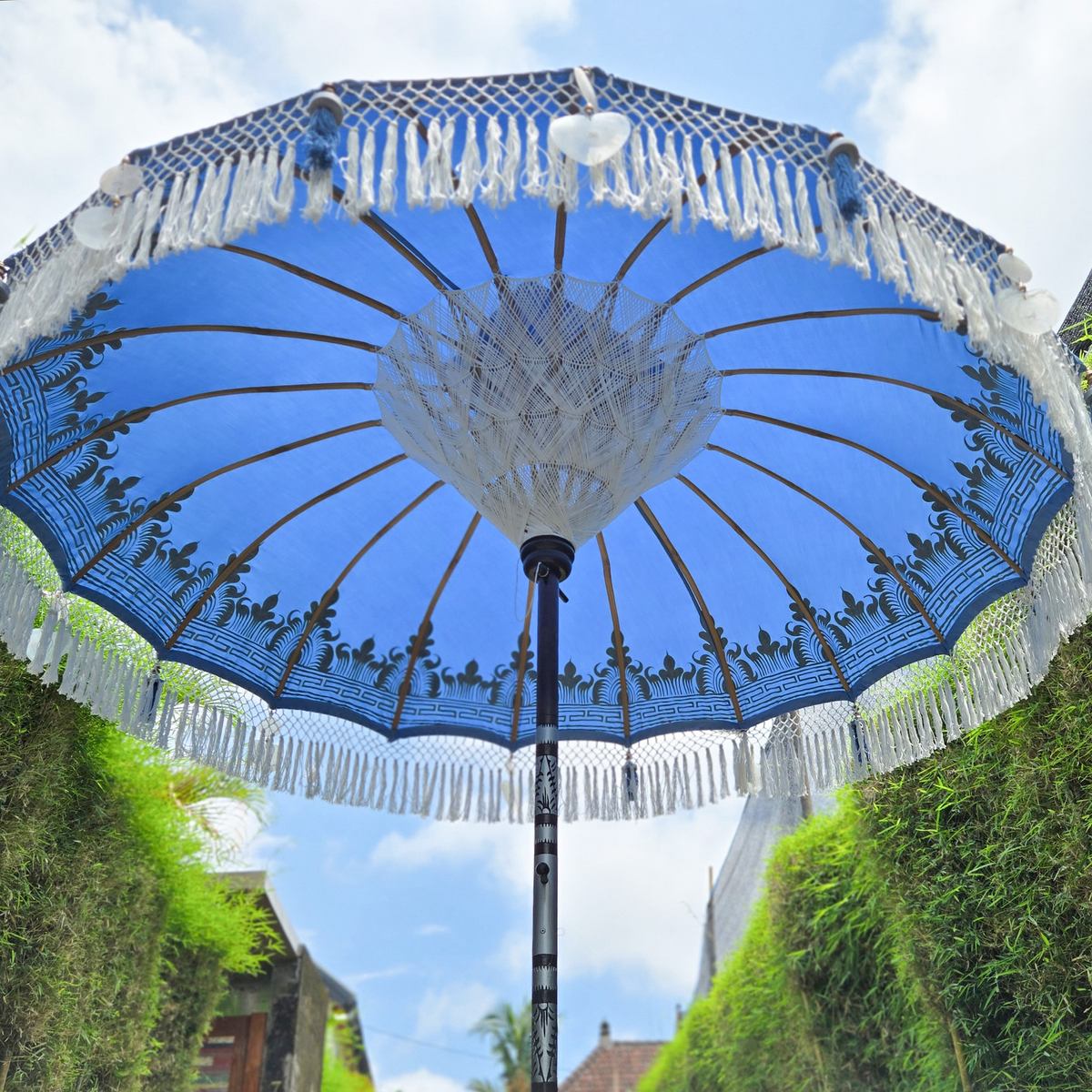 Original Balinesischer Sonnenschirm Bali Schirm Blau Silber 185 cm Model Helena