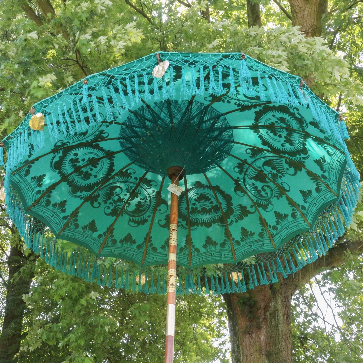 Sonnenschirm Bali Schirm 180 cm Türkis Gold Bemalung Fransen, Gartenschirm Baumwolle Sonnenschutz Handarbeit Dekoschirm Model Gloria
