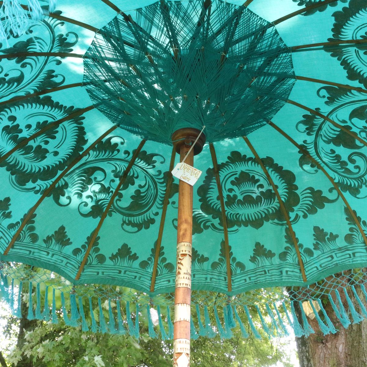 Sonnenschirm Bali Schirm 180 cm Türkis Gold Bemalung Fransen, Gartenschirm Baumwolle Sonnenschutz Handarbeit Dekoschirm Model Gloria