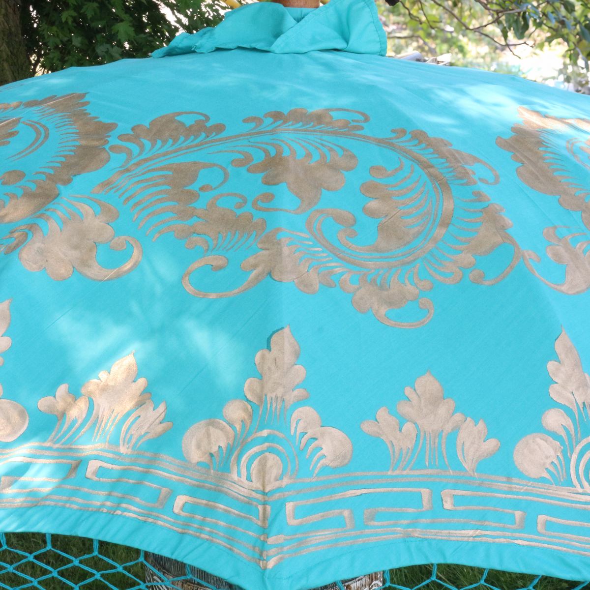 Sonnenschirm Bali Schirm 180 cm Türkis Gold Bemalung Fransen, Gartenschirm Baumwolle Sonnenschutz Handarbeit Dekoschirm Model Gloria