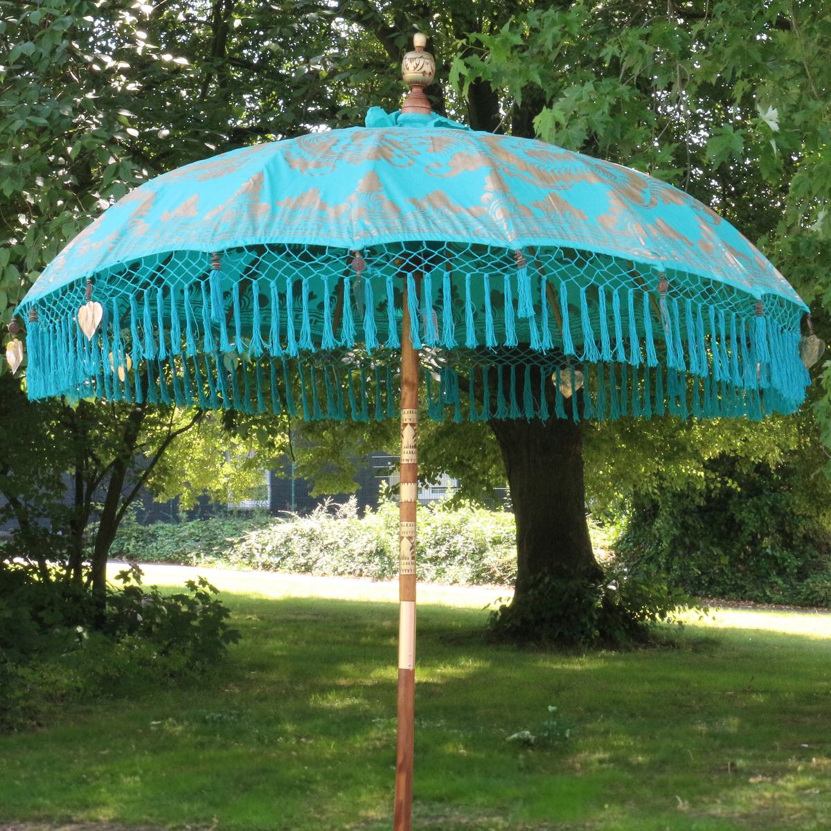 Sonnenschirm Bali Schirm 180 cm Türkis Gold Bemalung Fransen, Gartenschirm Baumwolle Sonnenschutz Handarbeit Dekoschirm Model Gloria