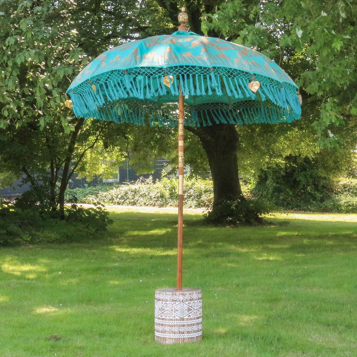 Sonnenschirm Bali Schirm 180 cm Türkis Gold Bemalung Fransen, Gartenschirm Baumwolle Sonnenschutz Handarbeit Dekoschirm Model Gloria