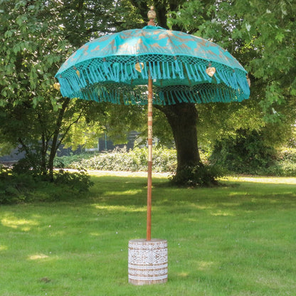 Sonnenschirm Bali Schirm 180 cm Türkis Gold Bemalung Fransen, Gartenschirm Baumwolle Sonnenschutz Handarbeit Dekoschirm Model Gloria