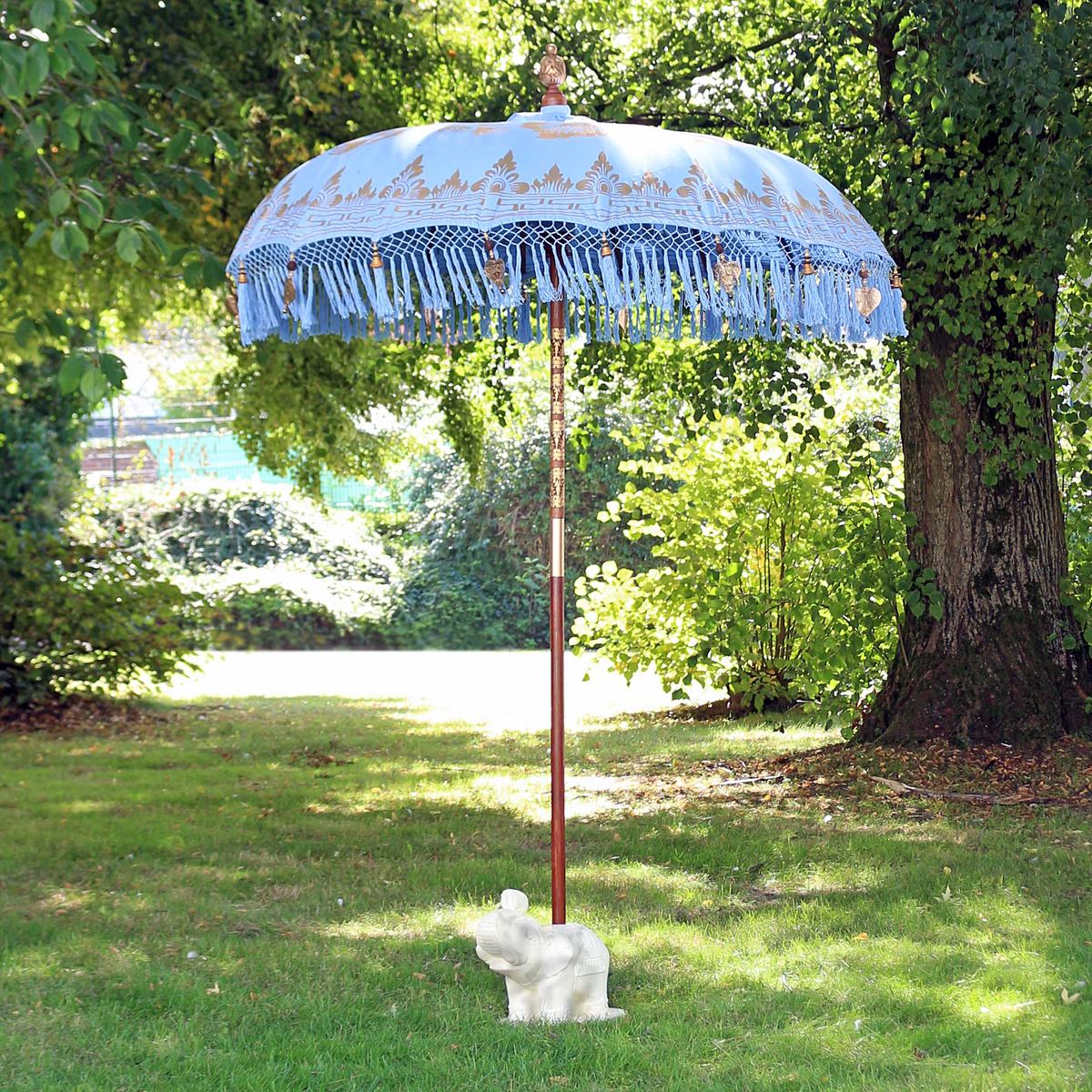 Sonnenschirm Bali Schirm 180 cm Hellblau Gold Bemalung Fransen Gartenschirm Baumwolle Sonnenschutz Handarbeit Dekoschirm Model Sophie