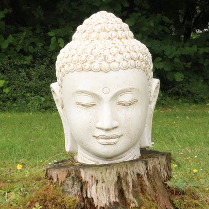 XXL Buddha Kopf Figur Skulptur Stein Lavasand Bali Steinfigur Garten Deko Weiß 150 cm
