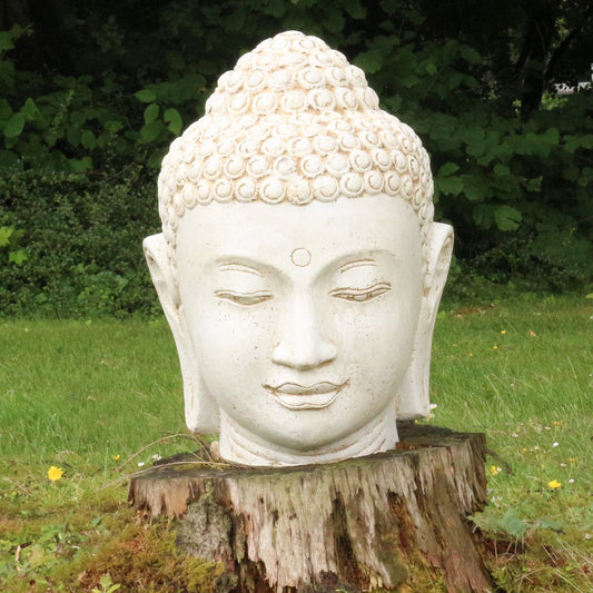 XXL Buddha Kopf Figur Skulptur Stein Lavasand Bali Steinfigur Garten Deko Weiß 150 cm