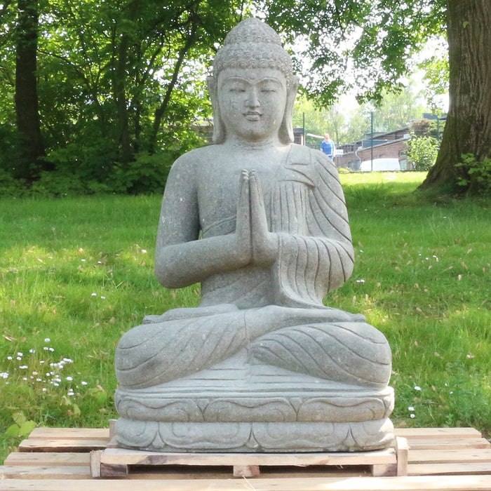 Buddha Stein Figur Statue Gartenfigur Steinfigur Dekofigur Gartendeko sitzend Massiv aus Greenstone Greetings 75 cm
