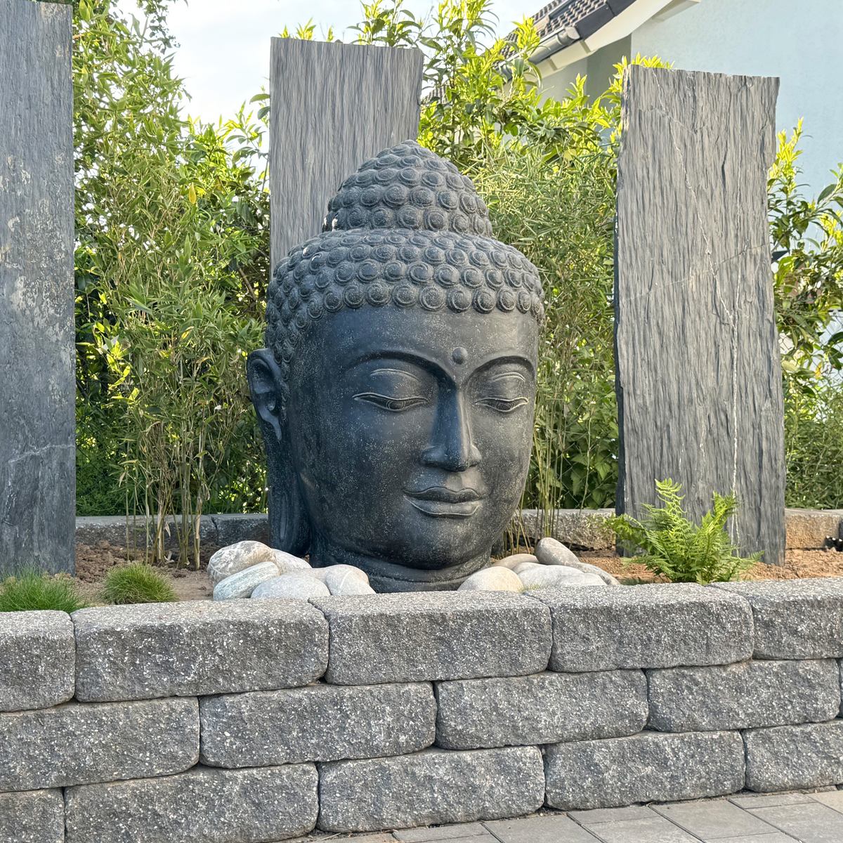 Buddha Kopf Figur Skulptur Stein Lavasand Bali Steinfigur Gartenfigur Buddhakopf Garten Deko 100 cm