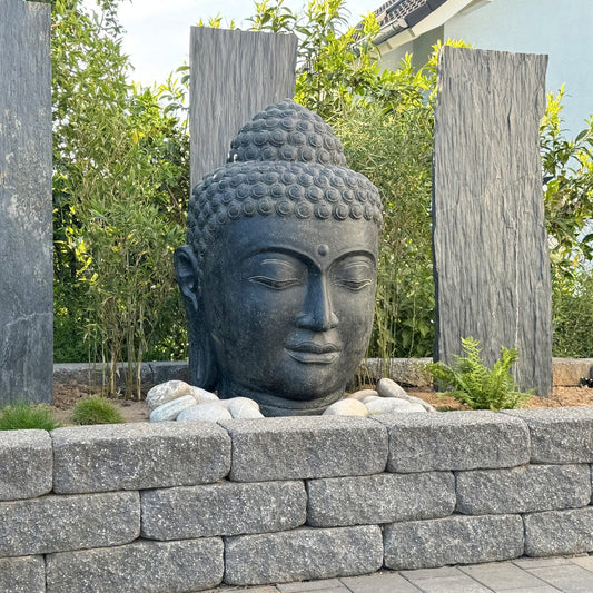 Buddha Kopf Figur Skulptur Stein Lavasand Bali Steinfigur Gartenfigur Buddhakopf Garten Deko Schwarz 120 cm