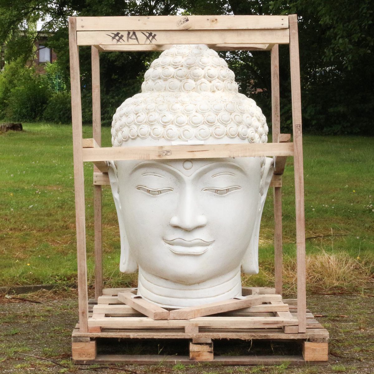 XXL Buddha Kopf Figur Skulptur Stein Lavasand Bali Steinfigur Garten Deko Weiß 150 cm