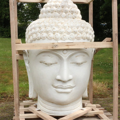 XXL Buddha Kopf Figur Skulptur Stein Lavasand Bali Steinfigur Garten Deko Weiß 150 cm