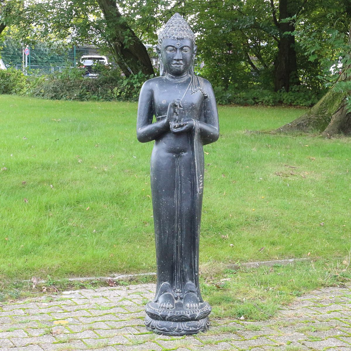 Buddha Statue Skulptur Figur Stehend Asien Indonesien Deko Steinguss Lavastein Gartenfigur Chakra 150 cm