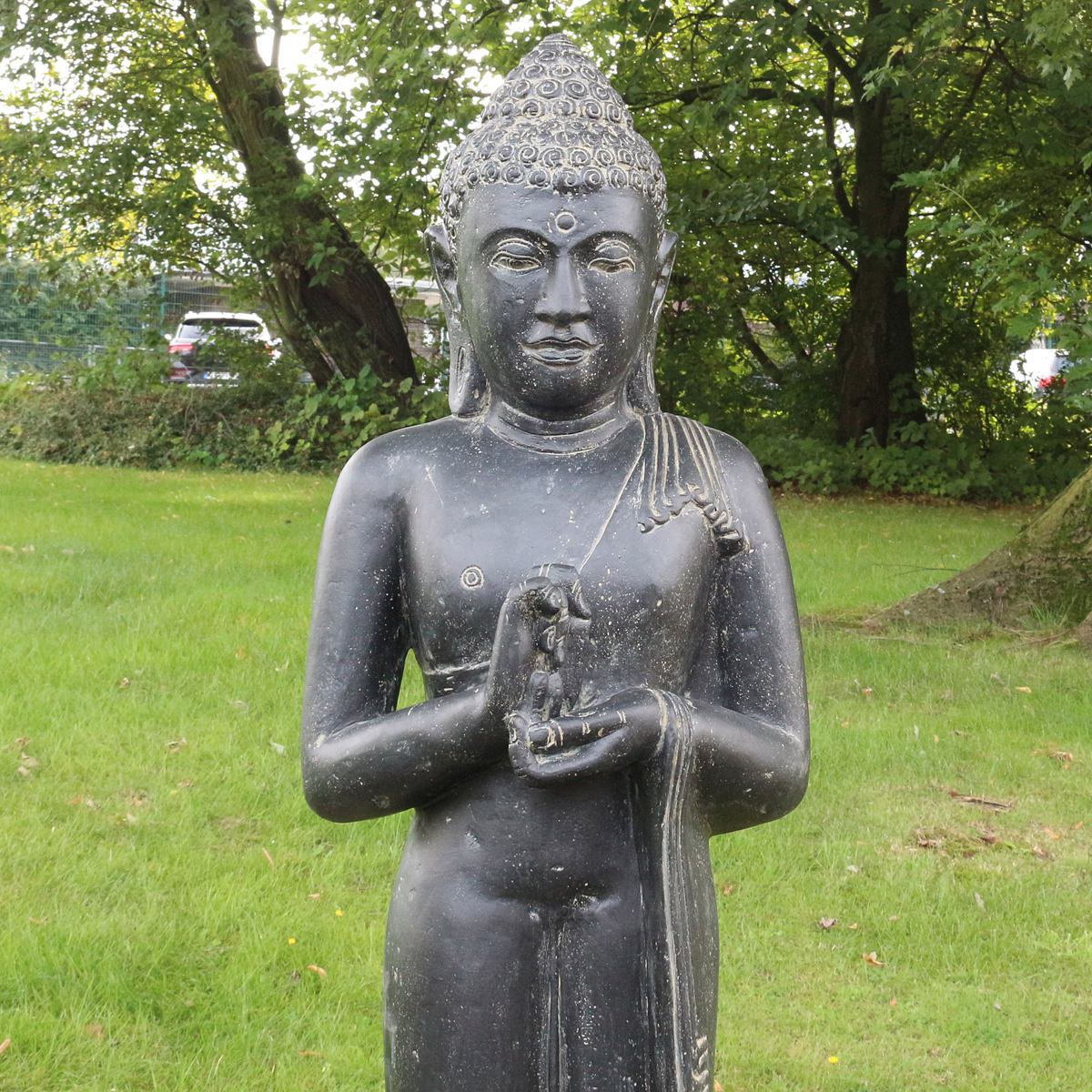 Buddha Statue Skulptur Figur Stehend Asien Indonesien Deko Steinguss Lavastein Gartenfigur Chakra 150 cm