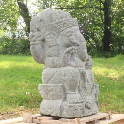 Ganesha Stein Figur Statue Gartenfigur Steinfigur Dekofigur Gartendeko sitzend Massiv aus Greenstone 77cm