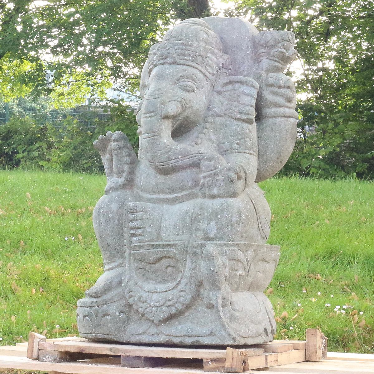Ganesha Stein Figur Statue Gartenfigur Steinfigur Dekofigur Gartendeko sitzend Massiv aus Greenstone 77cm