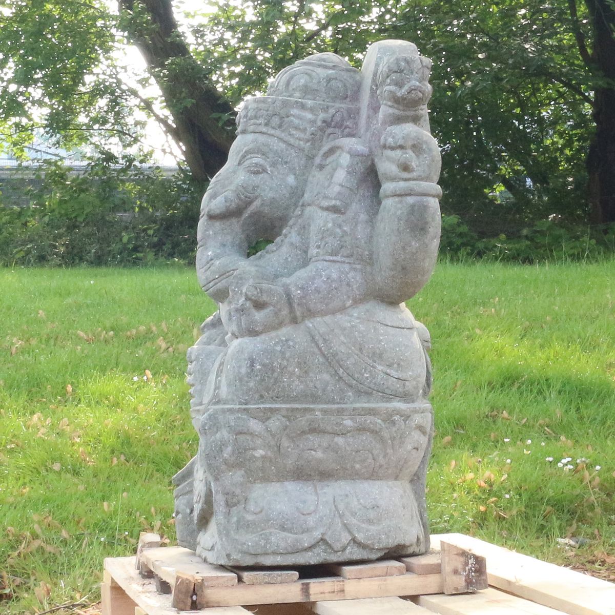 Ganesha Stein Figur Statue Gartenfigur Steinfigur Dekofigur Gartendeko sitzend Massiv aus Greenstone 77cm