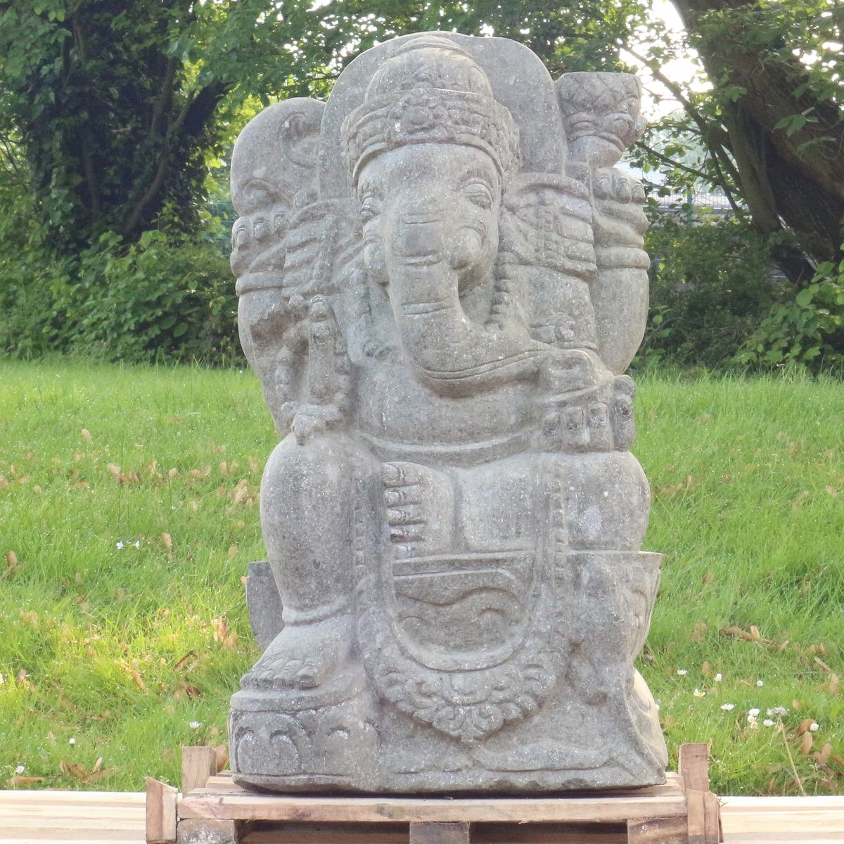 Ganesha Stein Figur Statue Gartenfigur Steinfigur Dekofigur Gartendeko sitzend Massiv aus Greenstone 77cm