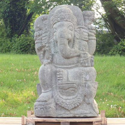 Ganesha Stein Figur Statue Gartenfigur Steinfigur Dekofigur Gartendeko sitzend Massiv aus Greenstone 77cm