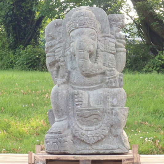 Ganesha Stein Figur Statue Gartenfigur Steinfigur Dekofigur Gartendeko sitzend Massiv aus Greenstone 77cm