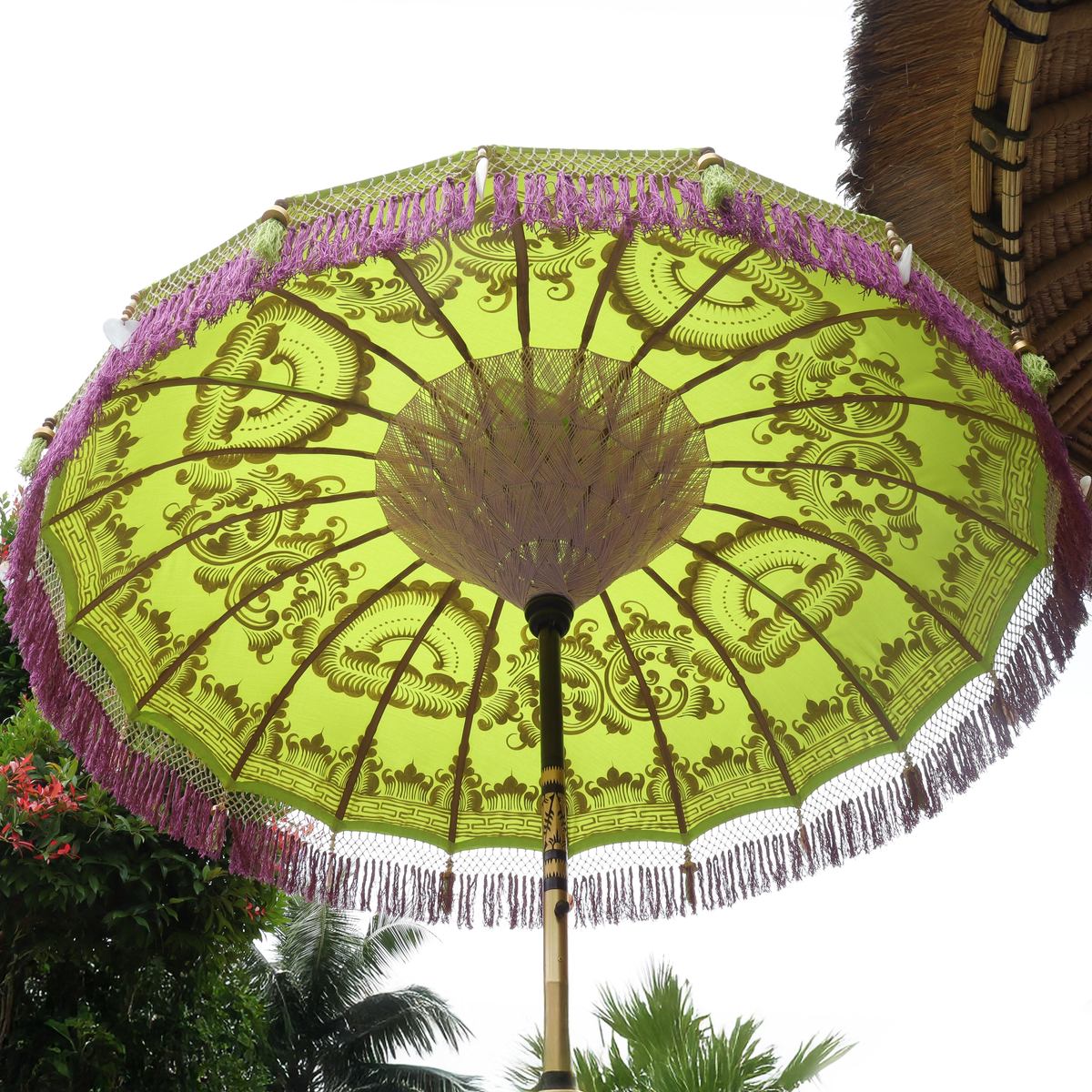 Original Balinesischer Sonnenschirm Bali Schirm Grün Lila Gold 185 cm Model Florentina