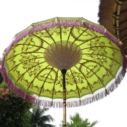 Original Balinesischer Sonnenschirm Bali Schirm Grün Lila Gold 185 cm Model Florentina