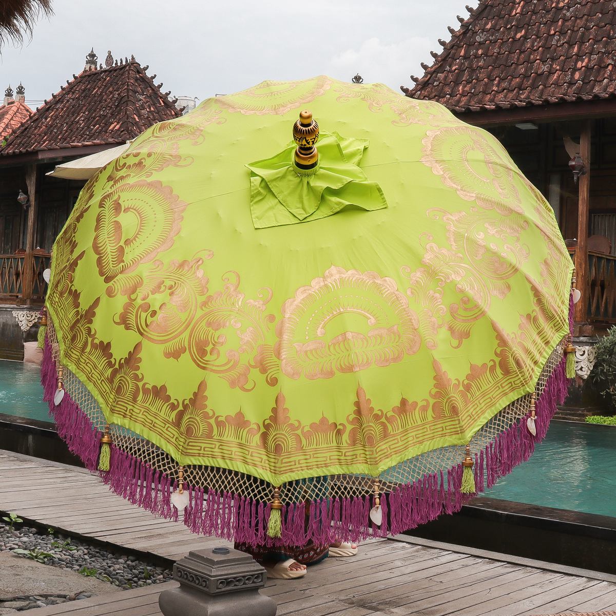 Original Balinesischer Sonnenschirm Bali Schirm Grün Lila Gold 185 cm Model Florentina