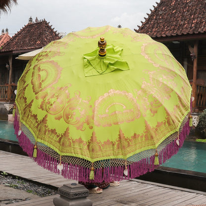Original Balinesischer Sonnenschirm Bali Schirm Grün Lila Gold 185 cm Model Florentina