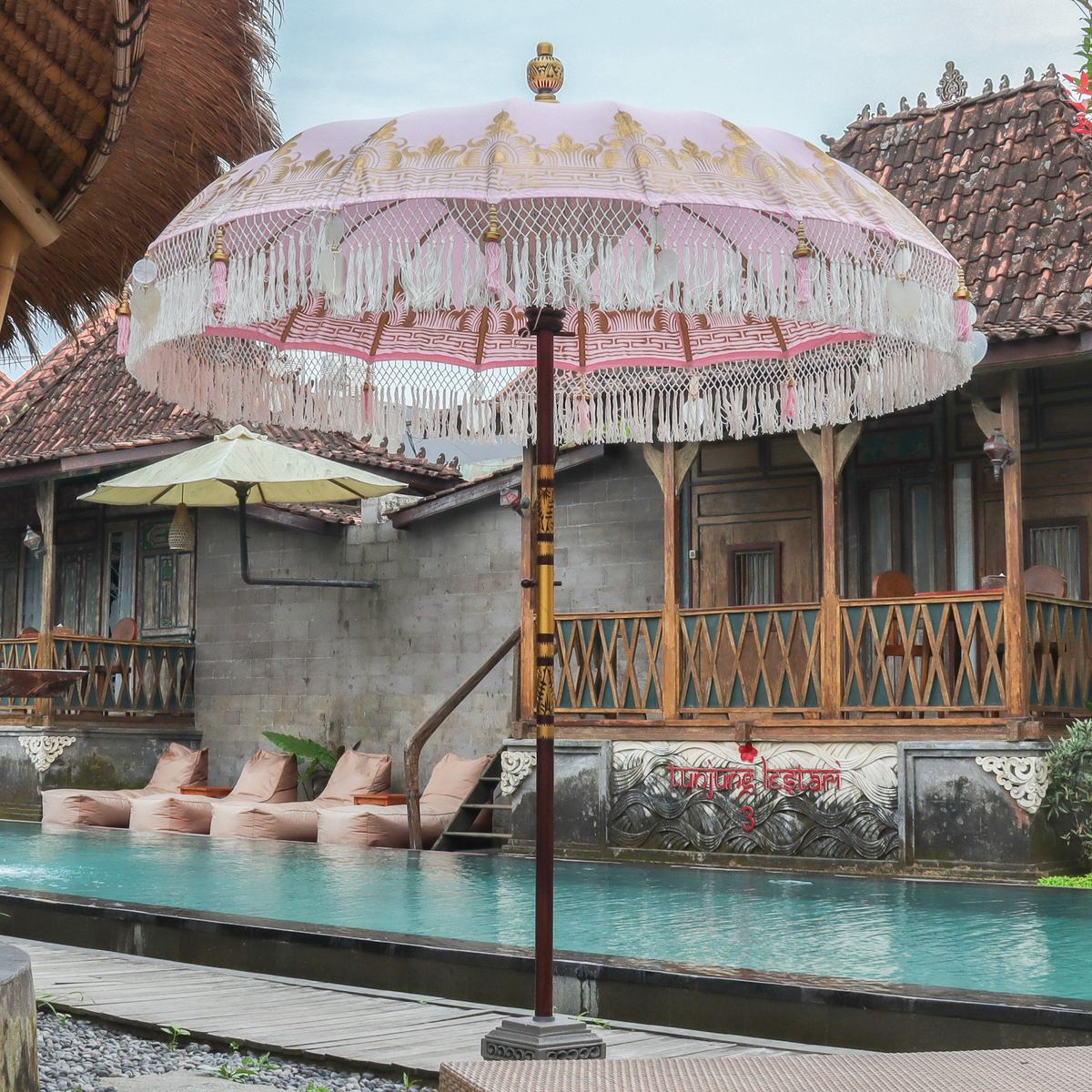 Original Balinesischer Sonnenschirm Bali Schirm Rosa Weiß 185 cm Model Valeria