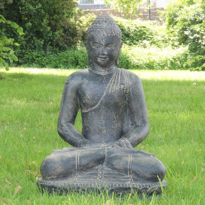 Buddha Statue sitzend Figur Skulptur Asien Indonesien Deko Steinguss Lavastein Gartenfigur Meditation 60 cm