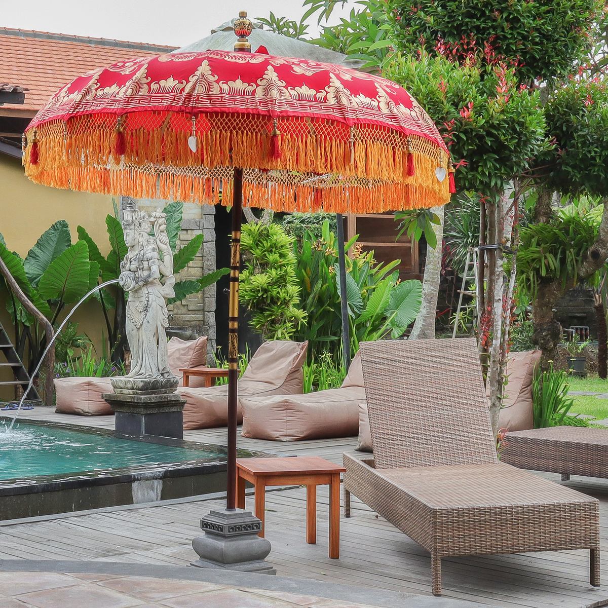 Original Balinesischer Sonnenschirm Bali Schirm Rot Orange 185 cm Model Solaria