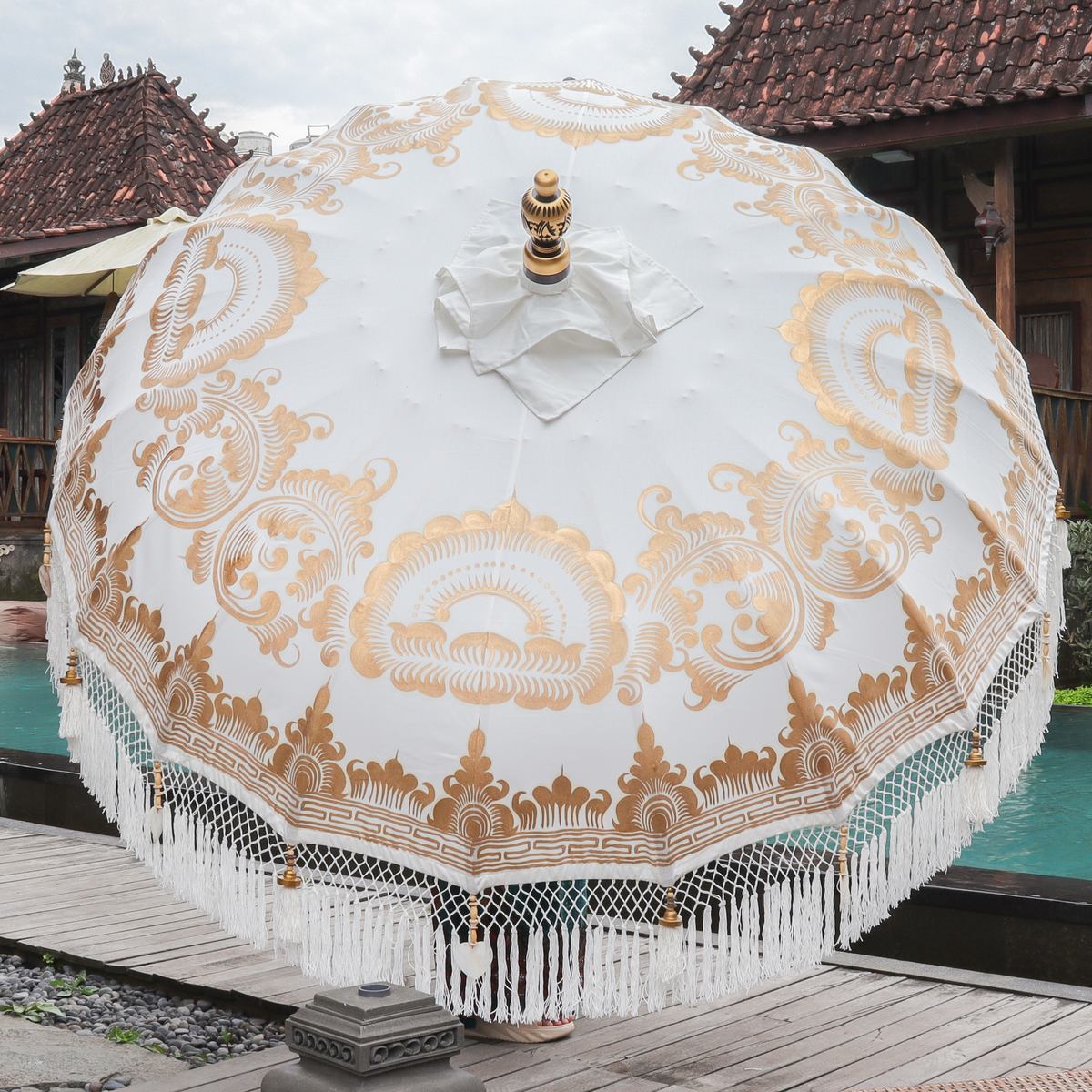 Original Balinesischer Sonnenschirm Bali Schirm Creme Weiß Gold 185 cm Model Beatrice
