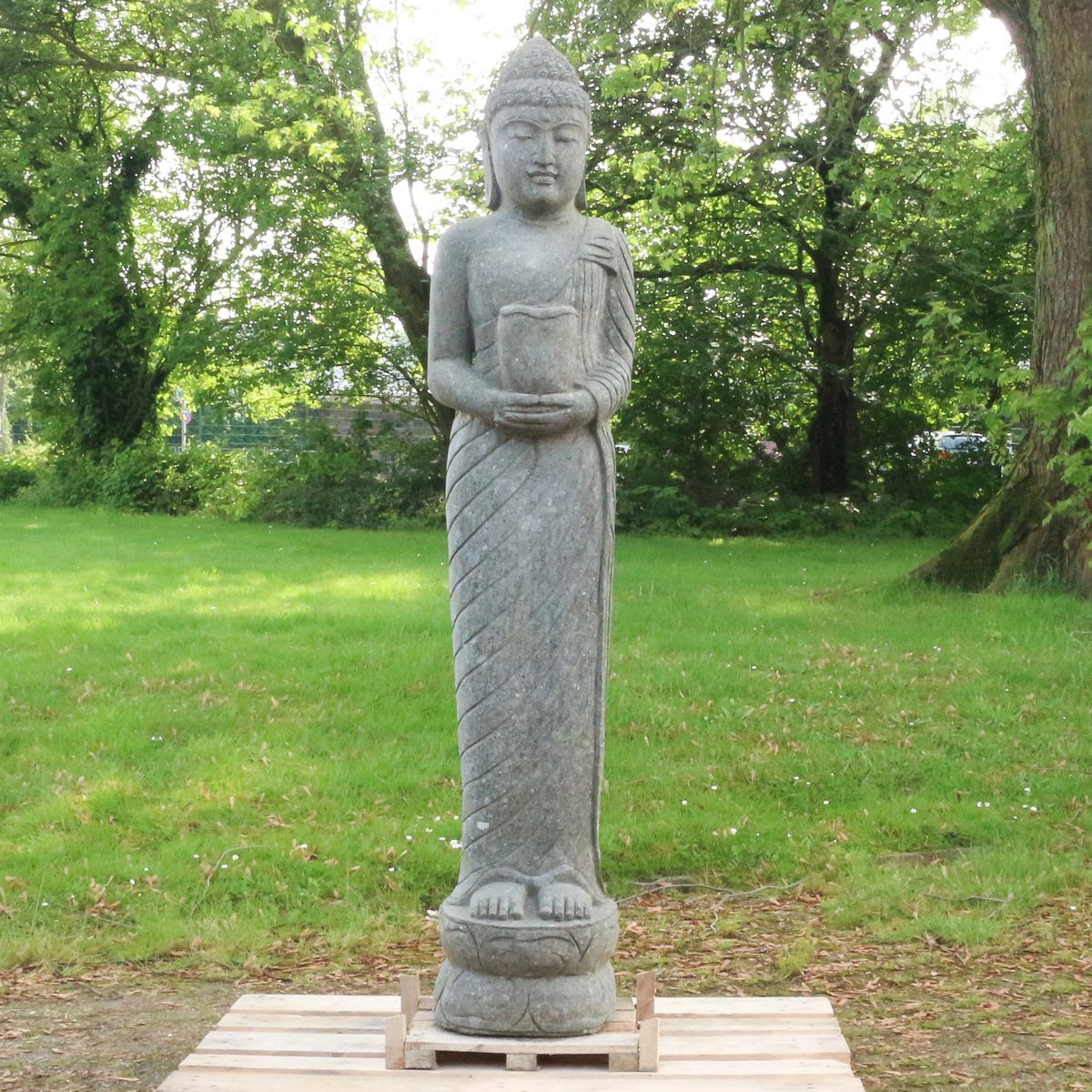 Buddha Stein Figur Statue Gartenfigur Steinfigur Dekofigur Gartendeko stehend Massiv aus Greenstone Bowl 175 cm