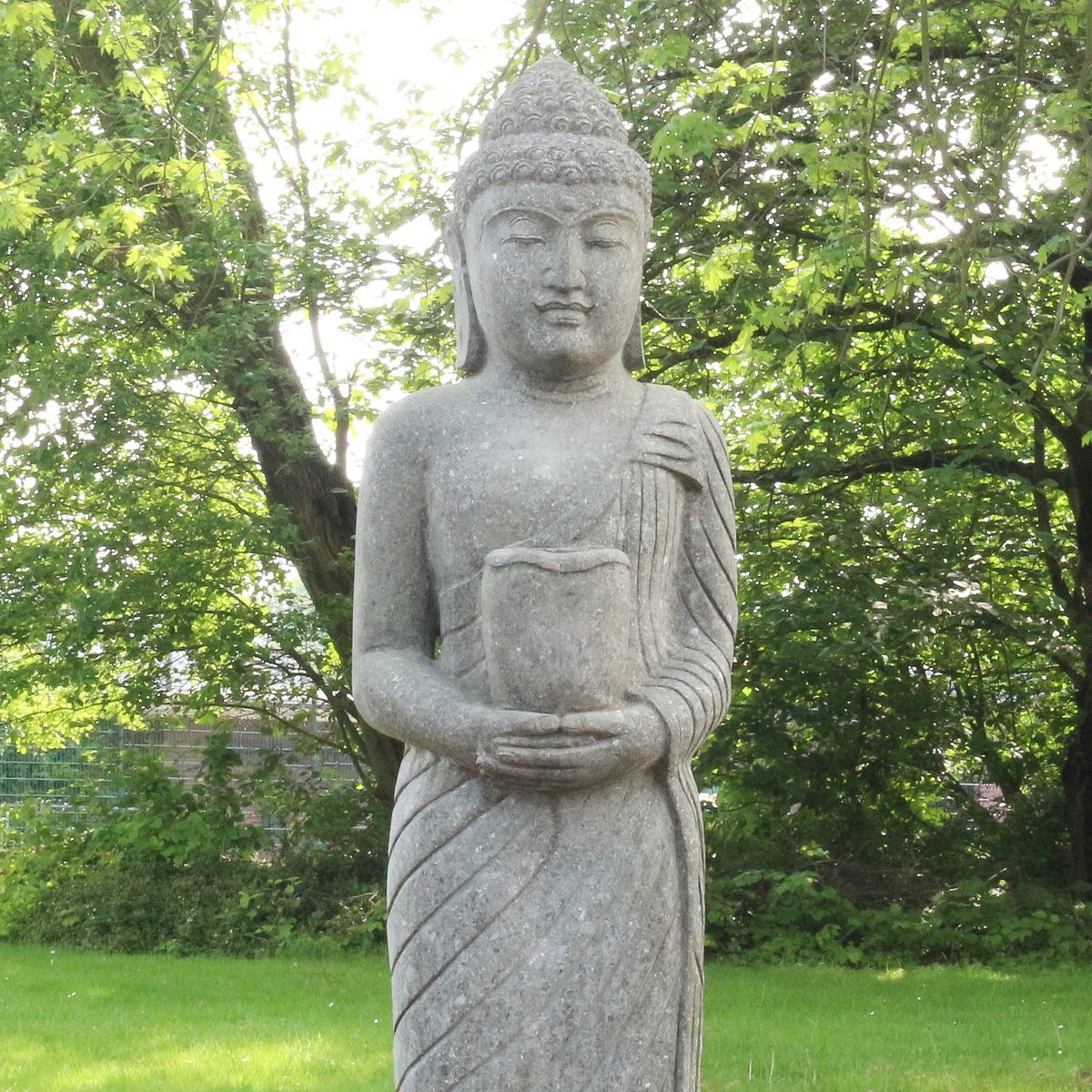 Buddha Stein Figur Statue Gartenfigur Steinfigur Dekofigur Gartendeko stehend Massiv aus Greenstone Bowl 175 cm