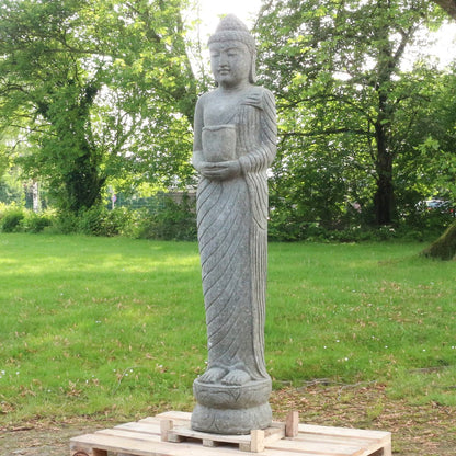 Buddha Stein Figur Statue Gartenfigur Steinfigur Dekofigur Gartendeko stehend Massiv aus Greenstone Bowl 175 cm