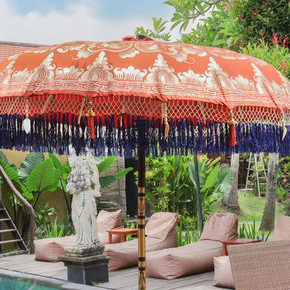Original Balinesischer Sonnenschirm Bali Schirm Orange Blau Gold 185 cm Model Amelie