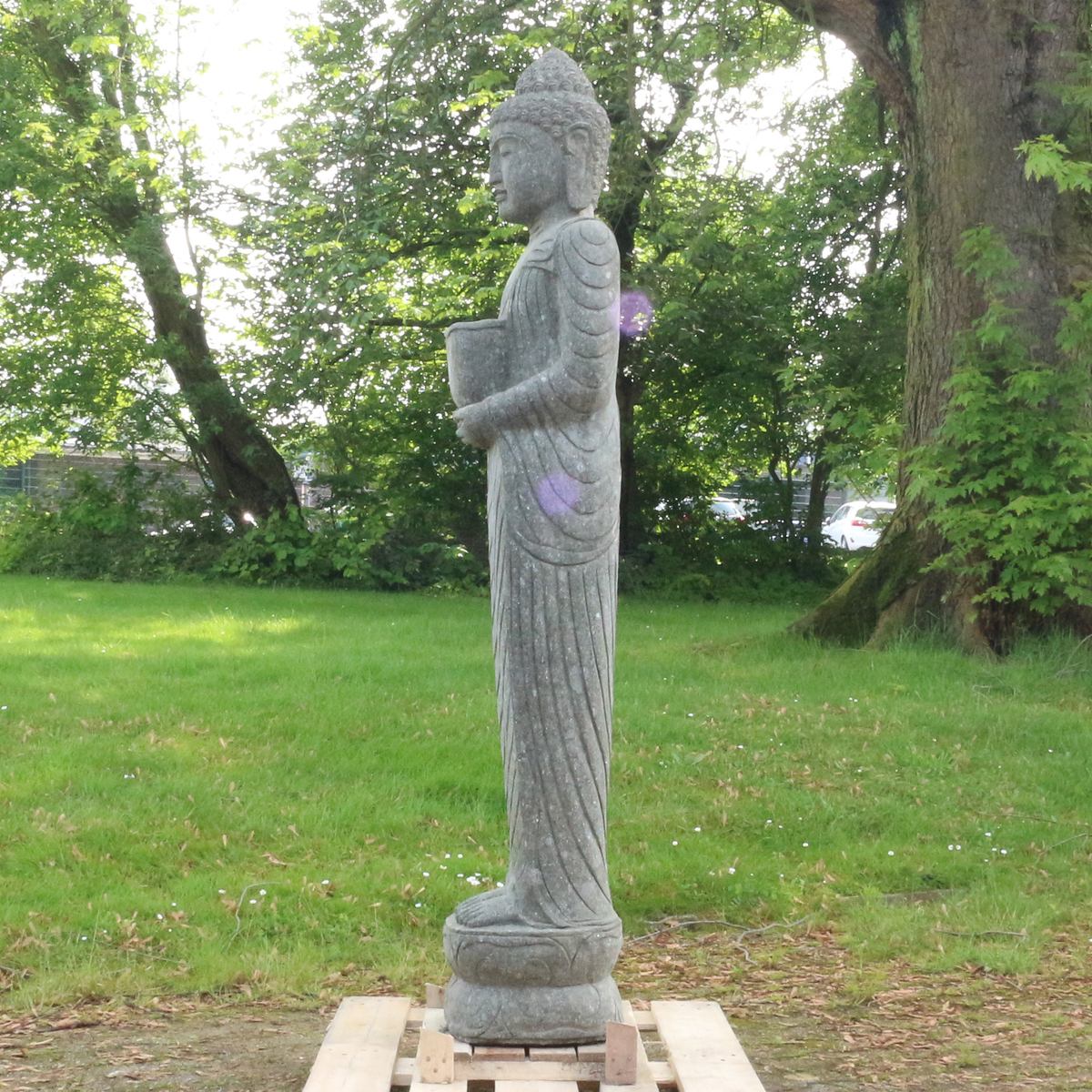 Buddha Stein Figur Statue Gartenfigur Steinfigur Dekofigur Gartendeko stehend Massiv aus Greenstone Bowl 175 cm