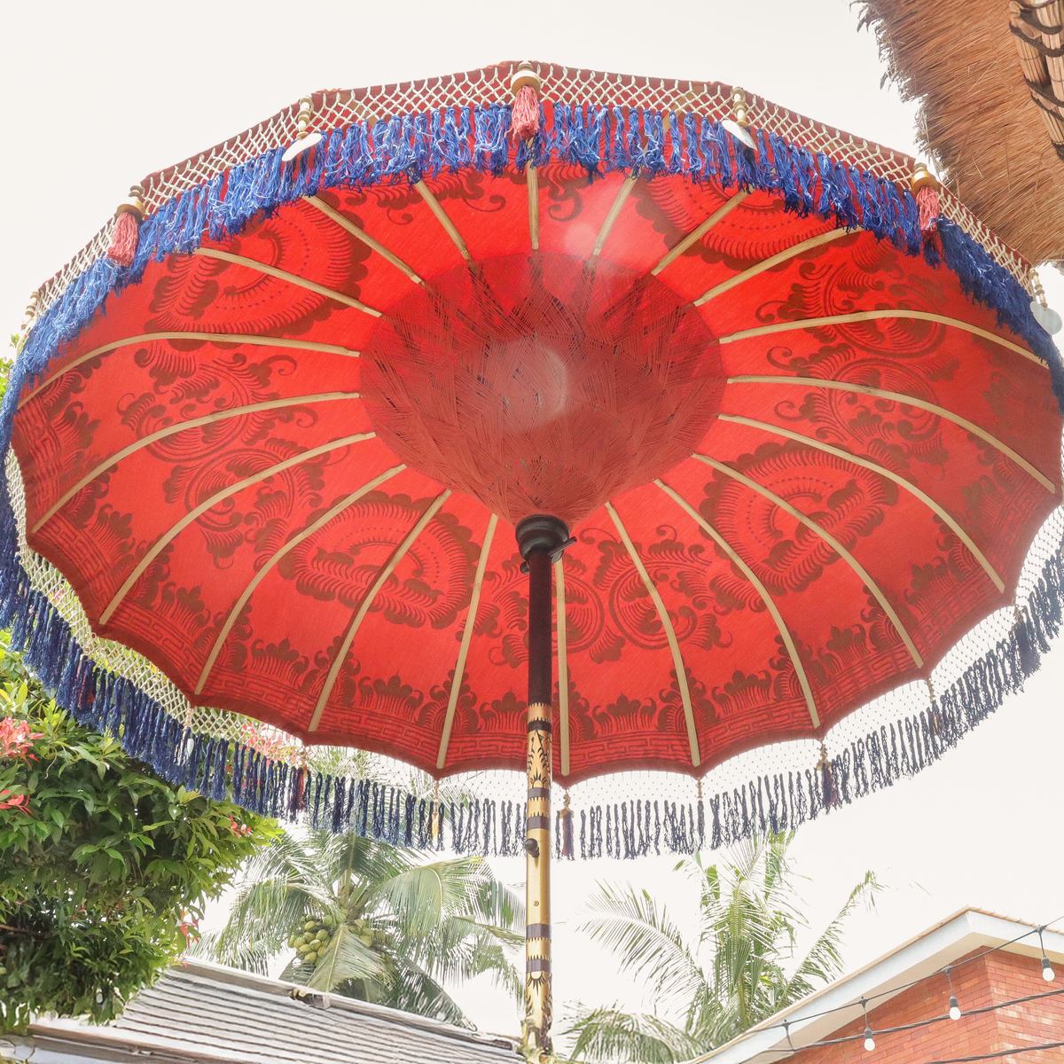 Original Balinesischer Sonnenschirm Bali Schirm Orange Blau Gold 185 cm Model Amelie