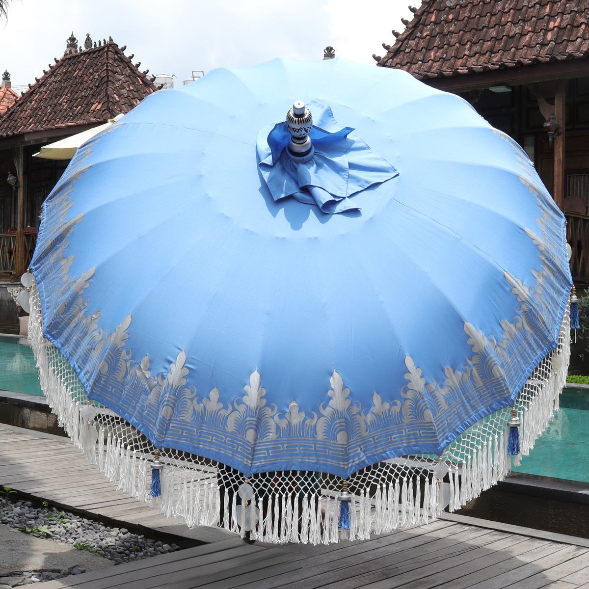 Original Balinesischer Sonnenschirm Bali Schirm Blau Silber 185 cm Model Helena