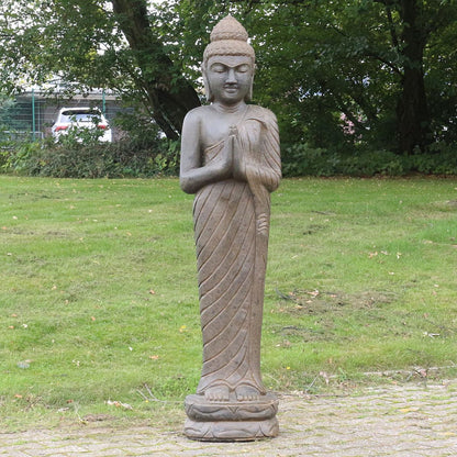 Buddha Stein Figur Statue Gartenfigur Steinfigur Dekofigur Gartendeko stehend Greenstone Antik Greetings 118 cm