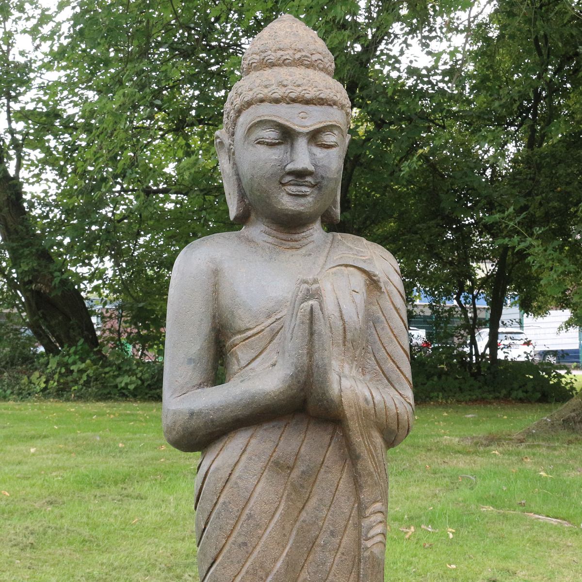 Buddha Stein Figur Statue Gartenfigur Steinfigur Dekofigur Gartendeko stehend Greenstone Antik Greetings 118 cm