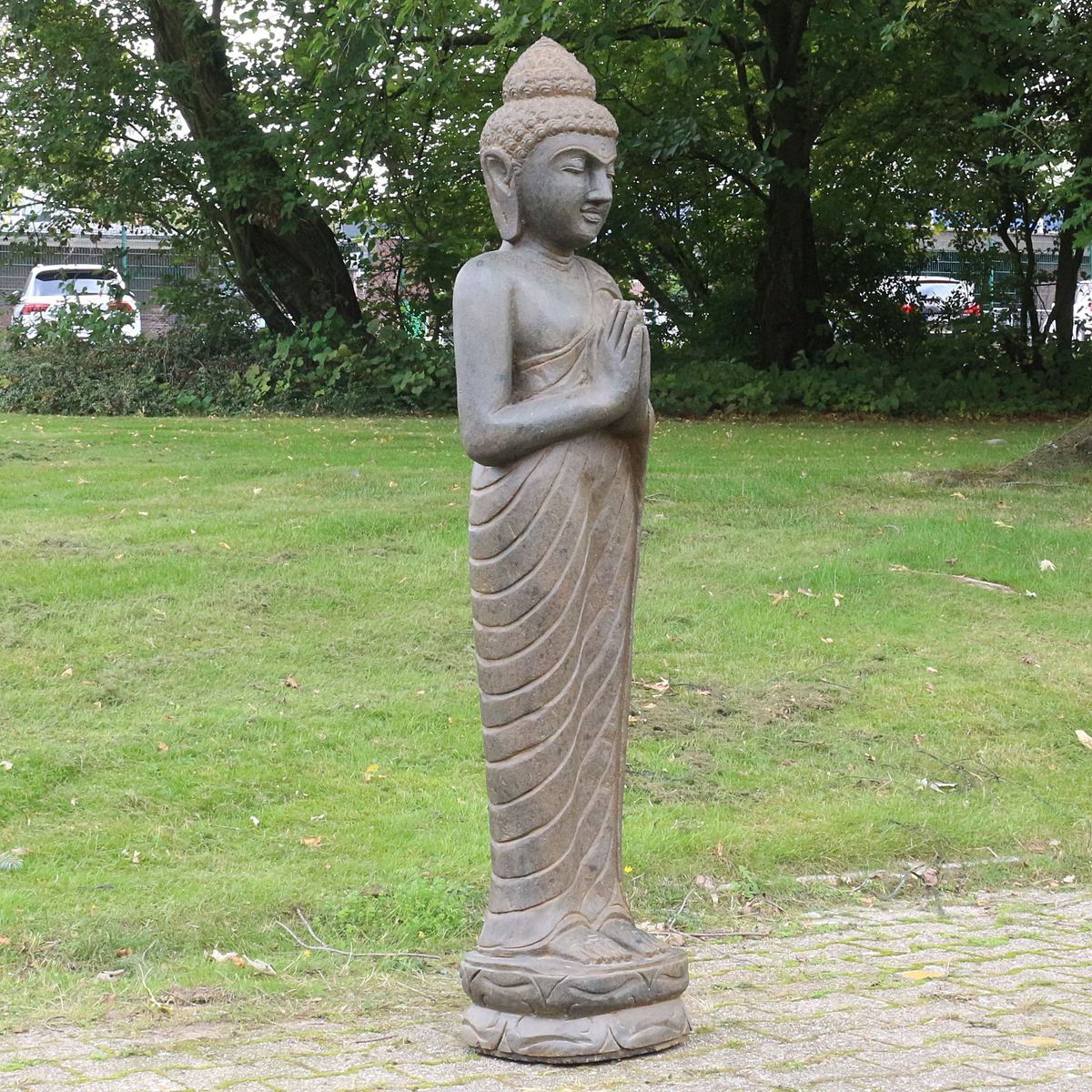 Buddha Stein Figur Statue Gartenfigur Steinfigur Dekofigur Gartendeko stehend Greenstone Antik Greetings 118 cm
