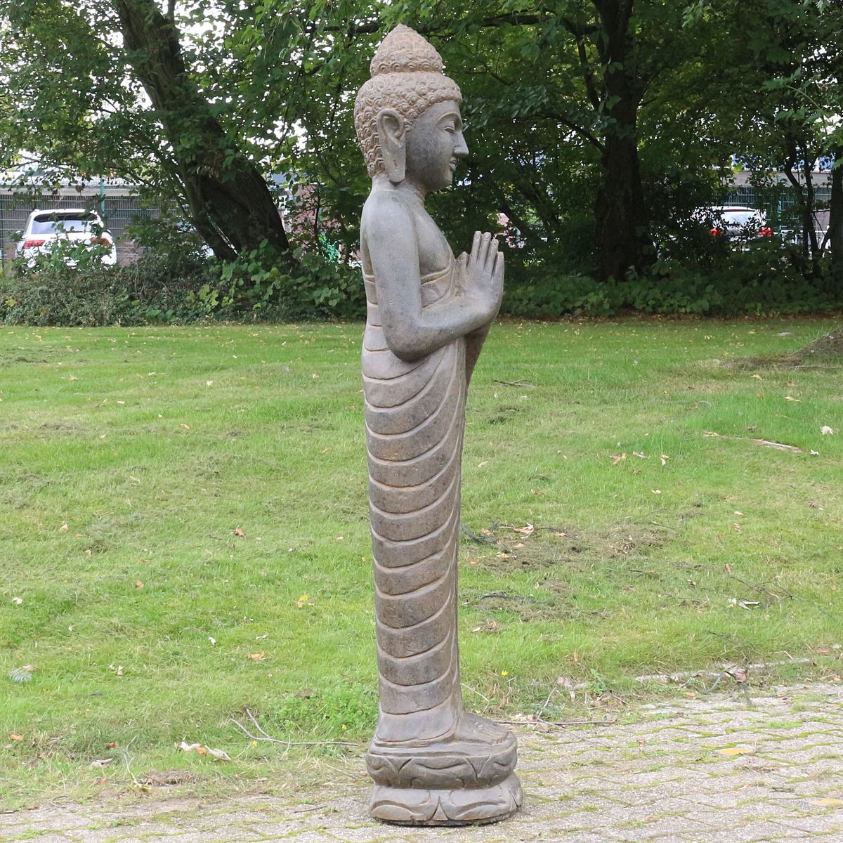 Buddha Stein Figur Statue Gartenfigur Steinfigur Dekofigur Gartendeko stehend Greenstone Antik Greetings 118 cm