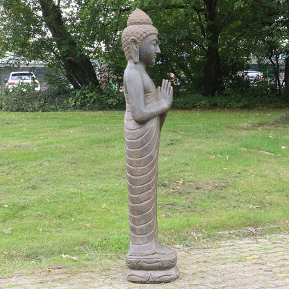 Buddha Stein Figur Statue Gartenfigur Steinfigur Dekofigur Gartendeko stehend Greenstone Antik Greetings 118 cm